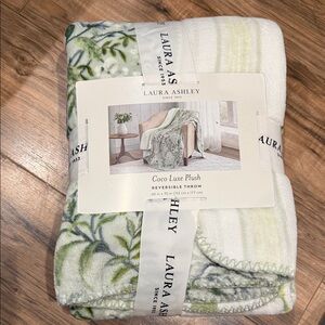 Laura Ashley Green and White Floral Plush Reversible Throw Blanket
